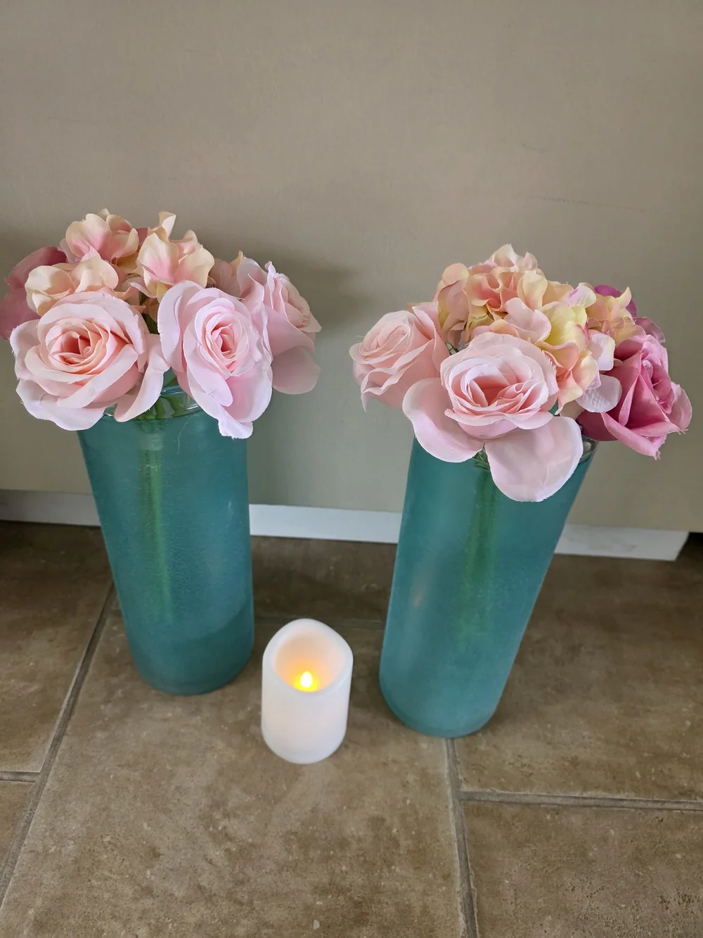 Handblown Aqua Blue Frosted Glass Vase Or Canddle Holder Decorative Pair